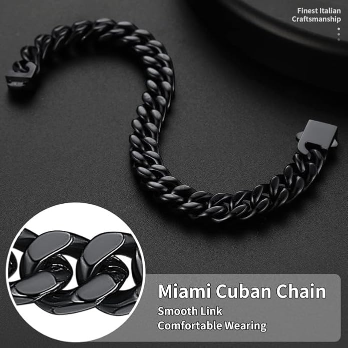 ChainsHouse Stainless Steel Cuban Link Bracelet for Men, 5mm/7mm/9mm/12mm Width, 7.5"/8.3"/9" Length, Black/18K Gold Plated Chain Wrist Bracelets for Men, with Gift Box