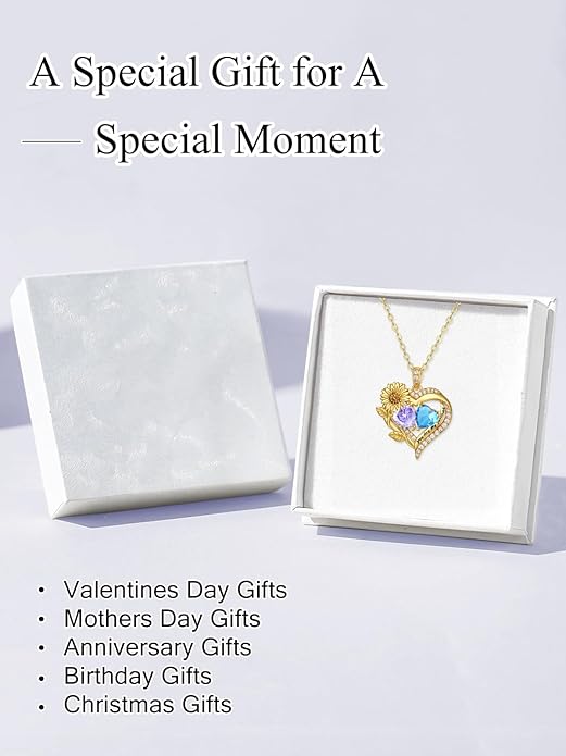 Sunflower Heart Necklace for Women 14K Gold Exquisite Anniversary Birthday Gifts for Wife Mother Her Double Birthstone Pendant jewelry‘You Are My Sunshine’