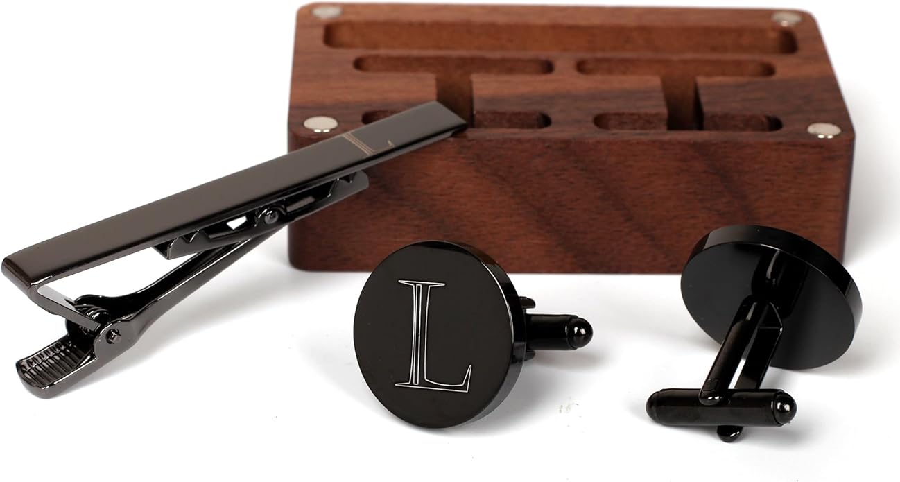 Mens Initial Cufflinks and Tie Clip A-Z Alphabet Letter Black Stainless Cuff Links Tie Bar with Engraved Walnut Wood Box Groom Groomsman Wedding Set