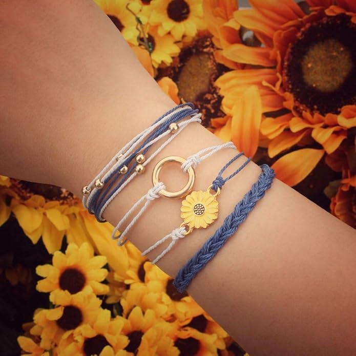 FANCY SHINY Sunflower String Bracelet Boho Braided Rope Wrap Bracelets Cute Summer Beach Surfer Jewelry for Women