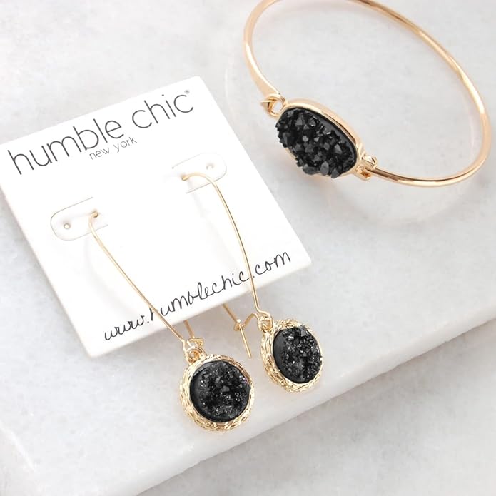 Simulated Druzy Threader Drop Earrings for Women - Gold, Silver, or Rose Gold Tone Trendy Boho Dangles with Sparkly Round Stone