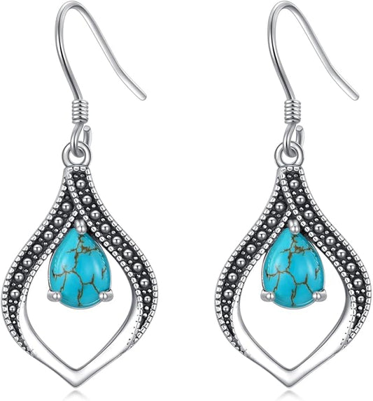 Vintage Genuine Gemstone Earrings for Women Dangling 925 Sterling Silver Western Native American Style Jewelry for Wife Mother