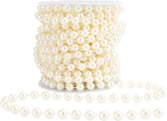 Pearl Beads Garland, 8mm String of Pearls, 32.8FT Pearl Garland for Christmas Tree, Christmas Faux Pearls Strand Roll for DIY Craft Xmas Wedding Party Supplies Flowers Decoration (Ivory)