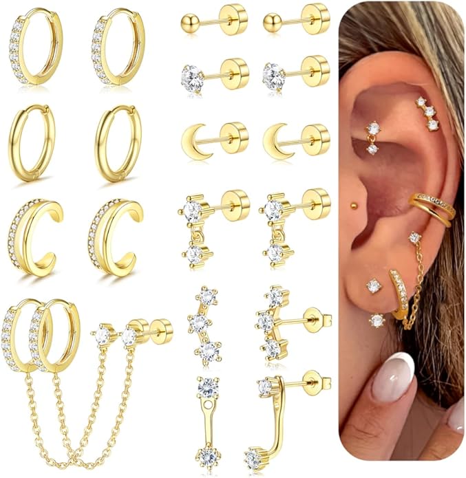 Florideco 14K Gold Plated Earrings for Women Hypoallergenic 20G Surgical Stainless Steel Flat Back Stud Earrings Dainty Stackable Earring Stacks Small Cartilage Earring Sets for Multiple Piercing