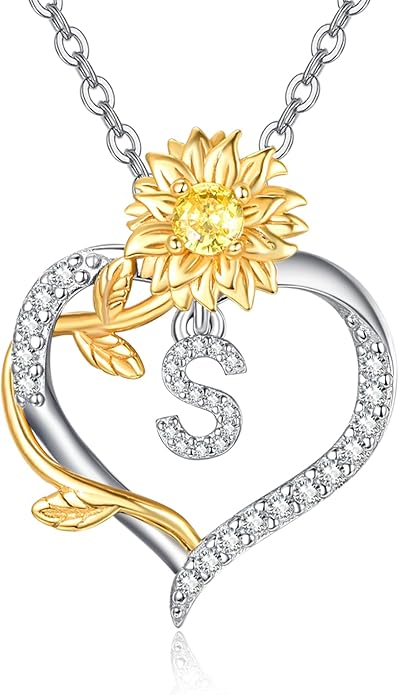 AENEAS Sunflower Initial Necklace for Women Gold Plated Sterling Silver Letter Heart Pendant Jewelry Gift for Mom Wife Birthday Anniversary Christmas
