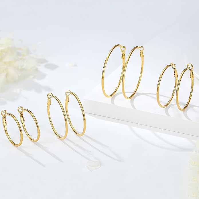 4 Pairs Silver Gold Hoop Earrings for Women | 14K Gold Plated Hoop Earrings Set Hypoallergenic Earring Lightweight Dangle Earrings Set