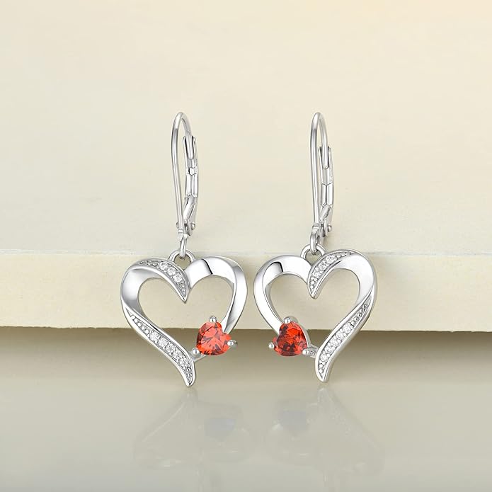 YL Heart Dangle Earrings 925 Sterling Silver Drop Earrings Birthstone Leverback Jewelry for Women