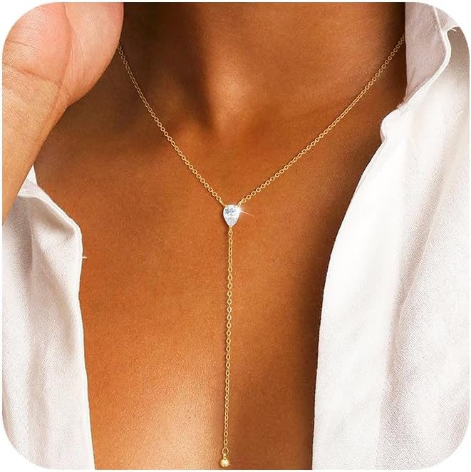 Lariat Gold Necklaces for Women Trendy Dainty Long Necklace 14k Gold Plated/Silver Layered Drop Beaded Chain Necklaces Y-shaped Pendant Necklace Simple Gold Jewelry Gifts