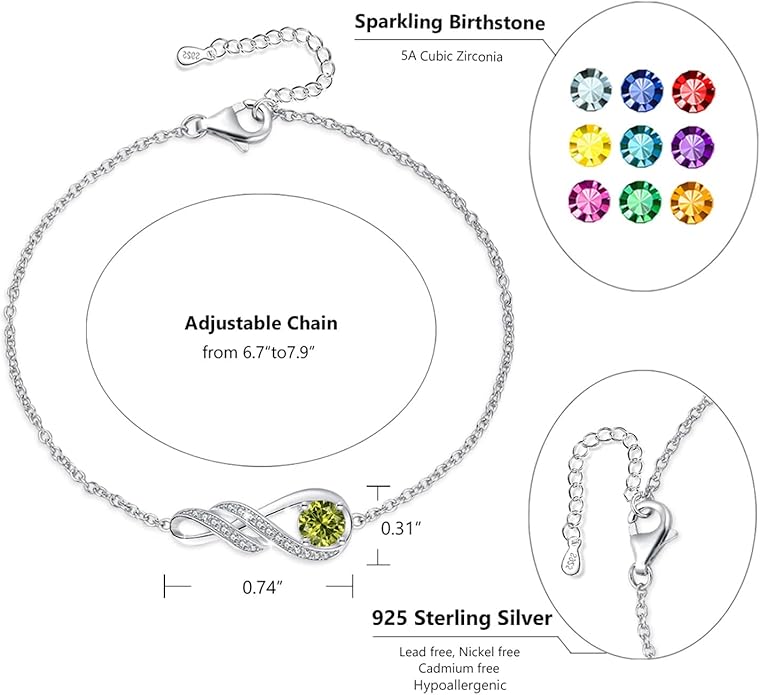 Birthstone Bracelets for Women 925 Sterling Silver Created Gemstone Bracelet Infinity Pendant Jewelry for Her, 6.7"+1.2"