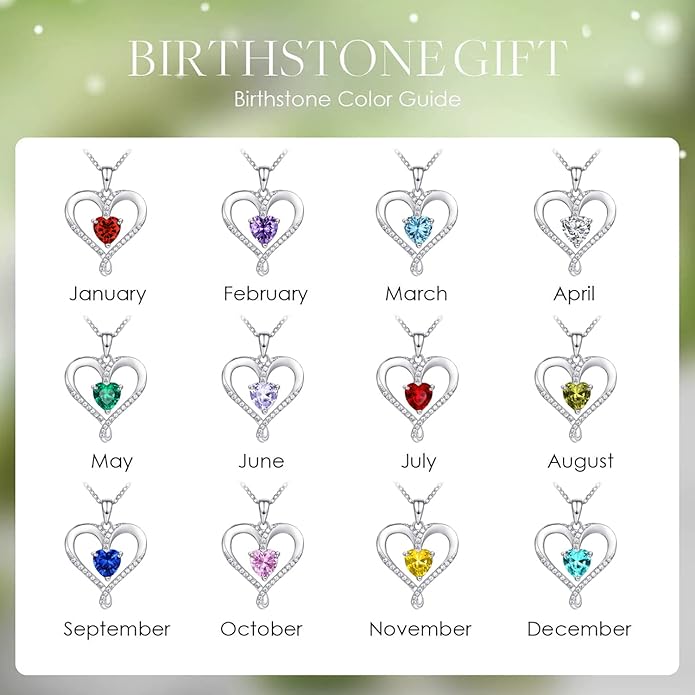 Birthstone Necklace for Women, 18K White Gold Heart Necklace Filled 925 Sterling Silver, Diamond Womens Jewelry Christmas Gifts for Women Wife
