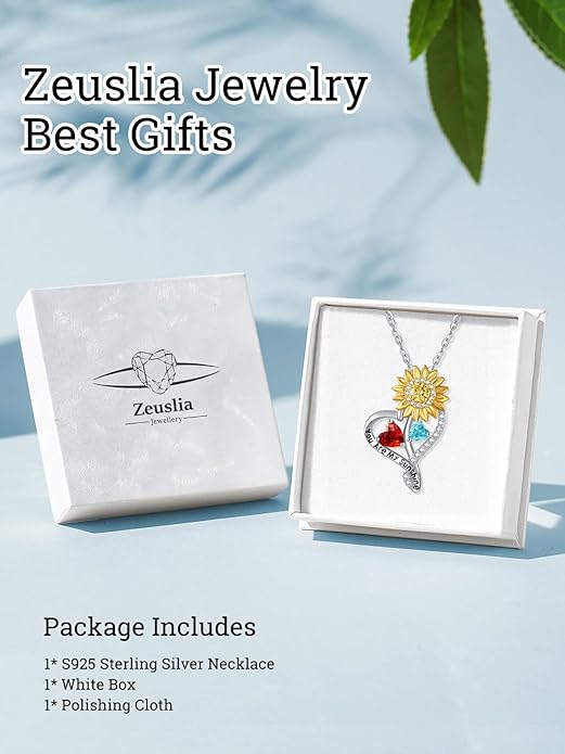 Zeuslia Double Birthstone Necklace Gifts for Wife - 925 Sterling Silver Sunflower/Rose/Crown Cross/Compass/Heart Pendant I Love You Necklace, Anniversary Birthday Gifts for Wife Girlfriend Mom Her