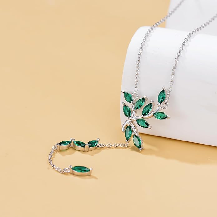 LONAGO Long Y-shaped Necklace for Women 925 Sterling Silver Leaf Pendant Cubic Zirconia Y Chain Necklace Jewelry Gift for Bride Wife