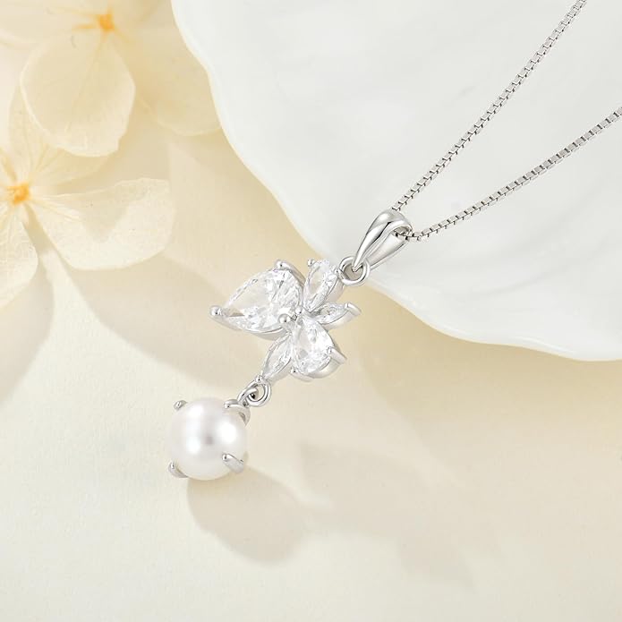 Fahonie Freshwater Pearl Pendant Necklace for Women 925 Sterling Silver Birthstone Necklace Birthday Anniversary Christmas Fine Jewelry Gifts for Women Chain 18"+2" Extend