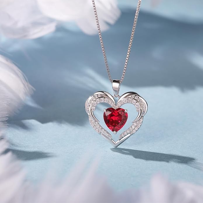 Heart Necklaces Valentine's Gift for Women, Birthstone 925 Sterling Silver Angel Wings Love Pendant Necklaces for Women, Jewelry Gifts for Wife, Anniversary, Mother's day