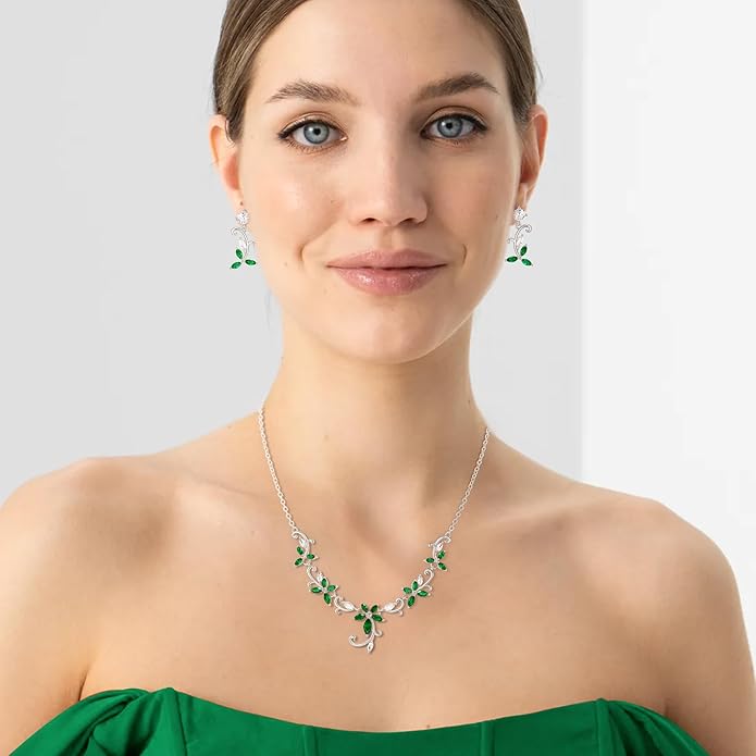 Crysdue Flower Leaf Wedding Jewelry Set for Bridal Bridemaid, Cubic Zirconia Teardrop Elegant Silver/14K/Rose Gold Plated Vine Necklace Dangle Earrings for Prom Party