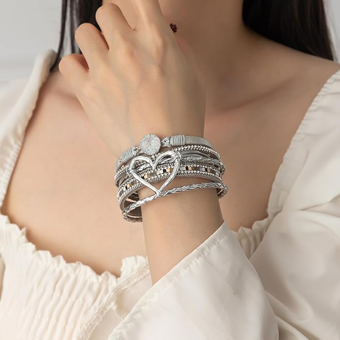 Rantanto Braid Leather Wrap Bracelet Trendy Stackable Crystal Cuff Boho Gold Heart Bracelet Jewelry Gift For Women