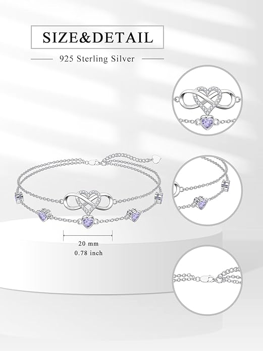 Dorunmo 925 Sterling Silver Infinity Heart Birthstone Anklet Bracelets for Women Best Mother's Day Birthday Jewelry for Wife Girlfriend Mom Her