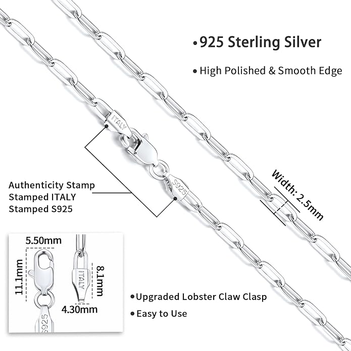 Jewlpire 14K Gold Plated 925 Sterling Silver Paperclip Chain Necklace for Women, 2.5mm 3mm Necklace for Women, Comfortable Women's Chain Necklaces 16 18 20 22 24 26 Inch
