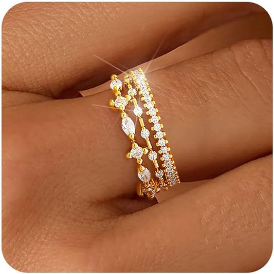 FUNEIA Stackable Silver Gold Rings for Women Non Tarnish 14K Gold Plated Thumb Cubic Zirconia Rings for Women Dainty Pinky Promise Wedding Ring Set Women's Engagement Eternity Band Rings Gold Jewelry