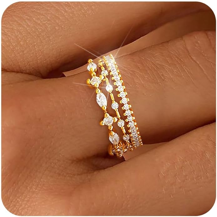 FUNEIA Stackable Silver Gold Rings for Women Non Tarnish 14K Gold Plated Thumb Cubic Zirconia Rings for Women Dainty Pinky Promise Wedding Ring Set Women's Engagement Eternity Band Rings Gold Jewelry