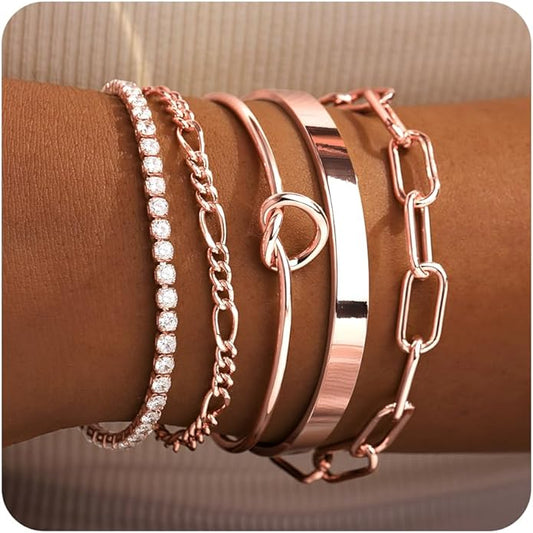 Gold Bracelets for Women Non Tarnish, 14K Gold Plated Chunky Cuff Bracelet Gold Bangles Bracelet for Women Trendy Tie Knot Cuban Rope Paperclip Beaded Bracelet Stack Jewelry Gifts