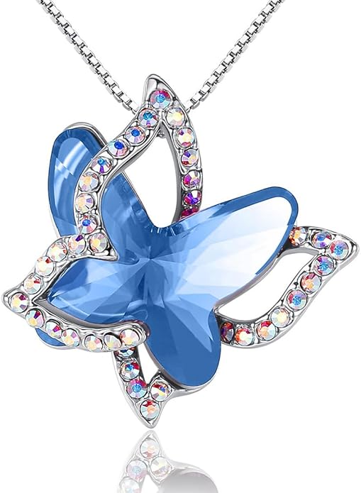 Gift Butterfly Birthstone Crystal Necklace, Silver Tone with 18”+2” Chain, Necklace for Mother’s Day Anniversary Birthday Gifts for Women and Daughter