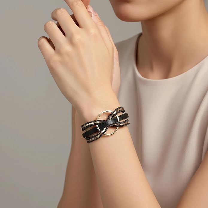 Edoneery Leather Wrap Bracelet for Women, Boho Handmade Multi-Layer Cuff with Crystal Beads Heart, Stackable Bangle Western Jewelry Gift