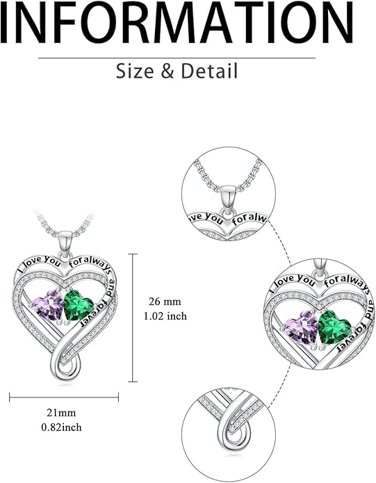 I Love You for Awlays and Forever Double Heart Necklace with Birthstone, 2 Birth Stone Jewelry Anniversary Valentines Mothers Day Christmas Birthday Gifts for Women Her Wife Girlfriend Mom Mother