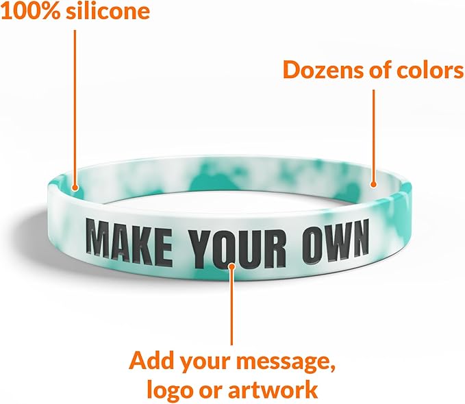 Custom Wristbands For Events, Fundraisers & Promotions | Add Text, Icons, & Logos | Bulk Rubber Bracelets | Classic 1/2” | 100% Silicone