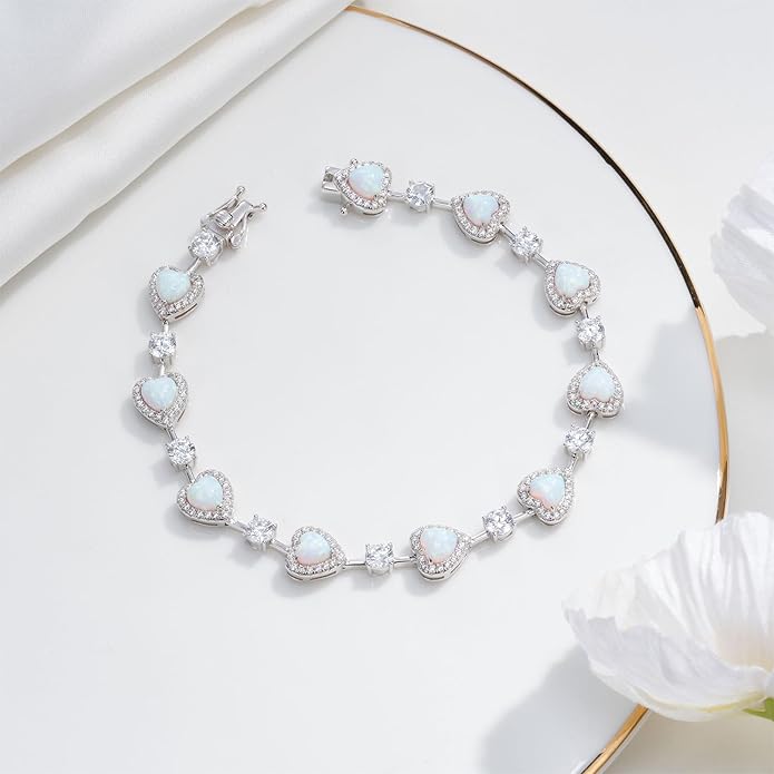 Sterling Silver Tennis Bracelets for Women Opal Gemstone October Birthstone Fine Jewelry Charm Link for Her 7 Inches