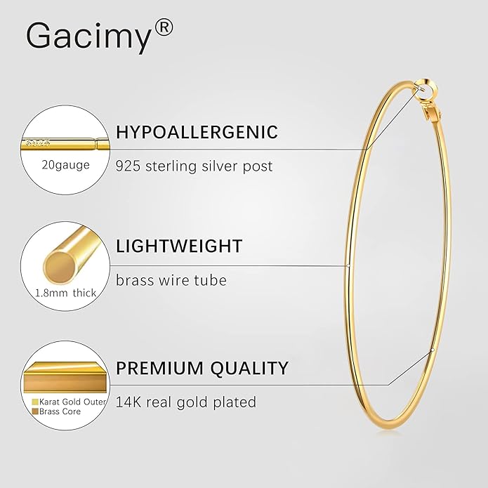 Gacimy Gold Hoop Earrings for Women 14K Gold Plated, 925 Sterling Silver Post Hypoallergenic Earrings Hoops for Women