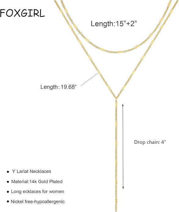 Foxgirl Lariat Gold Necklace for Women, Dainty Long Necklace 14k Gold Plated/Silver Y-Shaped Pendant Necklace Trendy Layered Cz Beaded Chain Drop Necklaces Simple Gold Jewelry For Women Gift