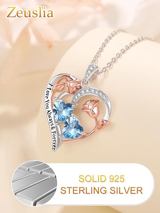 Zeuslia Double Birthstone Necklace Gifts for Wife - 925 Sterling Silver Sunflower/Rose/Crown Cross/Compass/Heart Pendant I Love You Necklace, Anniversary Birthday Gifts for Wife Girlfriend Mom Her
