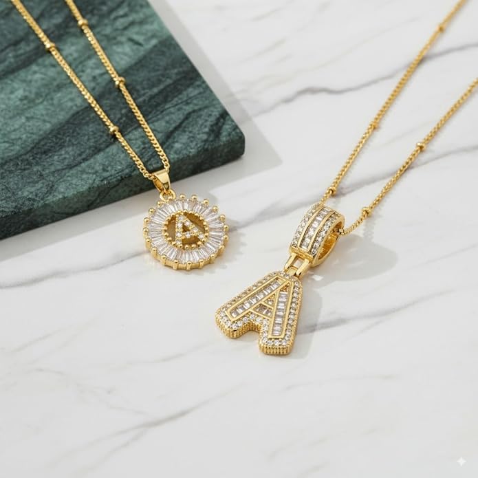 14K Gold Plated Initial Letter Pendant Necklace, Cubic Zirconia Crystal, Copper Chain