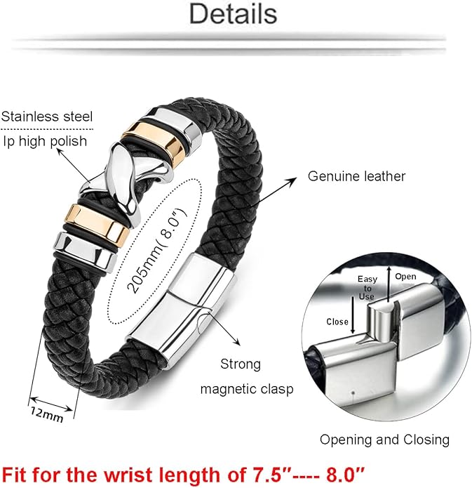 Leather Bracelet for Men Braided Cuff Wristband Stainless Steel Clasp in Silver and Gold Jewellery Gift