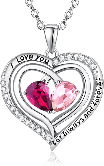 Zeuslia Double Birthstone Necklace Gifts for Wife - 925 Sterling Silver Sunflower/Rose/Crown Cross/Compass/Heart Pendant I Love You Necklace, Anniversary Birthday Gifts for Wife Girlfriend Mom Her