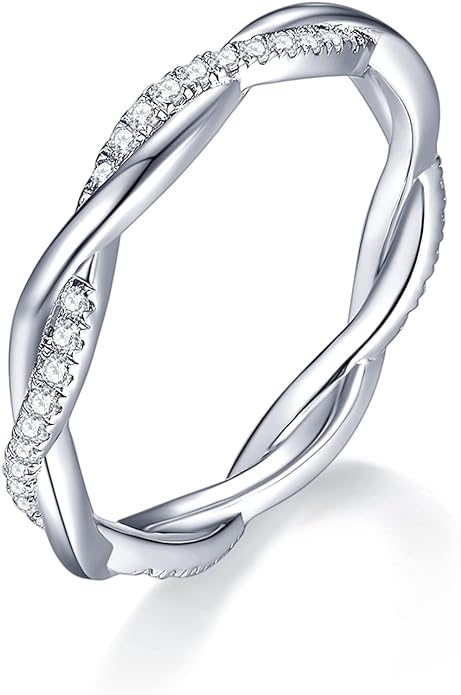IMOLOVE Moissanite Wedding Band Wedding Rings for Women Twisted Rings 925 Sterling Silver Rings with 18K White Gold Plated Eternity Stackable Engagement Ring Anniversary Band Size 4-11