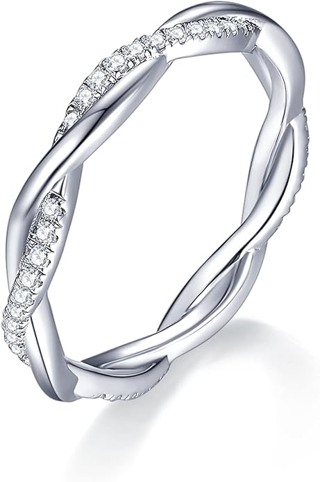 IMOLOVE Moissanite Wedding Band Wedding Rings for Women Twisted Rings 925 Sterling Silver Rings with 18K White Gold Plated Eternity Stackable Engagement Ring Anniversary Band Size 4-11