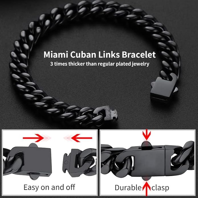 ChainsHouse Stainless Steel Cuban Link Bracelet for Men, 5mm/7mm/9mm/12mm Width, 7.5"/8.3"/9" Length, Black/18K Gold Plated Chain Wrist Bracelets for Men, with Gift Box