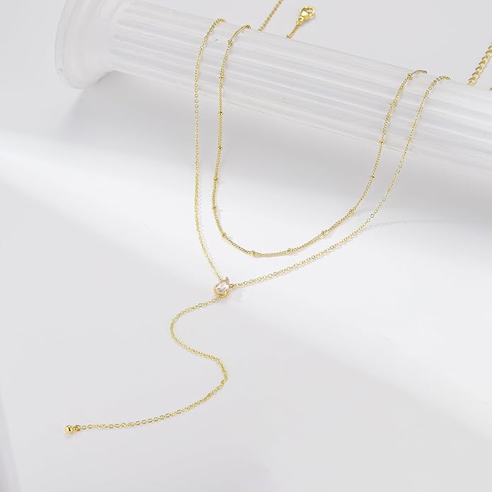 M MOOHAM Gold Lariat Necklace for Women - Dainty 14K Gold Plated Y-Shaped Long Drop Necklace Pearl Cross Clover Butterfly Cubic Zirconia Charm Layered Necklaces for Women Simple Jewelry Gifts