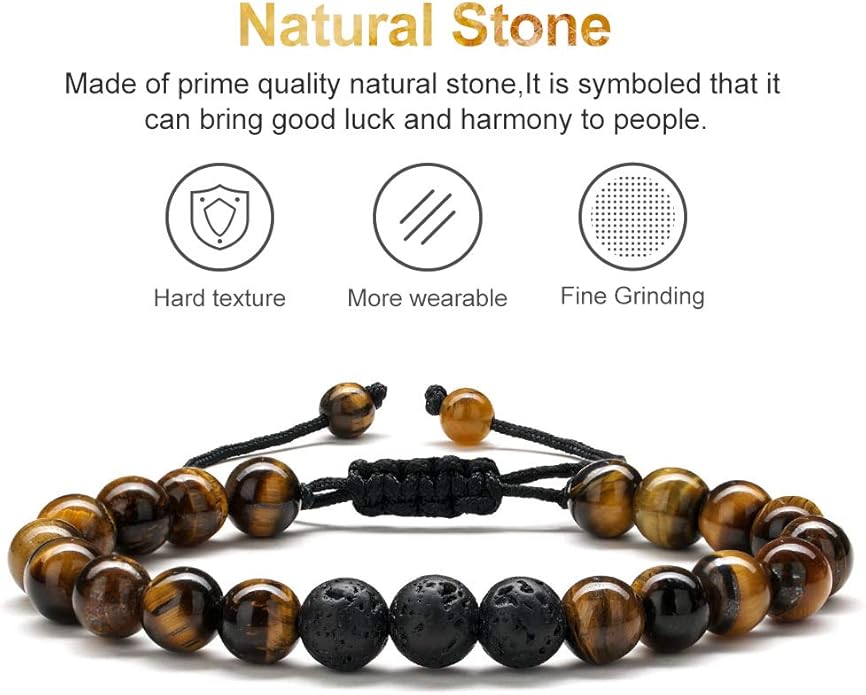 M MOOHAM Natural Stone Bracelets for Men - 8mm Tiger Eye, Matte Agate, Lava Rock - Teen Boys Gifts for Birthday, Anniversary, Christmas