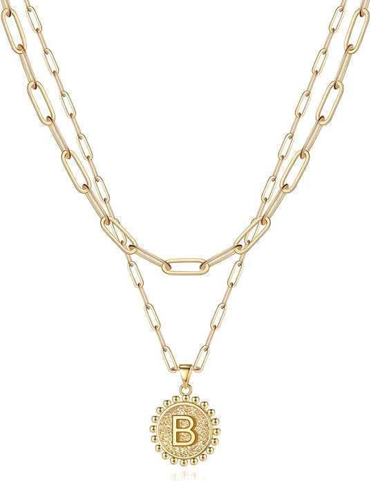 Yoosteel Gold Initial Necklaces for Women, 14K Gold Plated Dainty Layering Paperclip Link Chain Necklace Coin Initial Layered Necklaces for Women Personalized Birthday Gifts