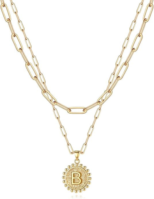 Yoosteel Gold Initial Necklaces for Women, 14K Gold Plated Dainty Layering Paperclip Link Chain Necklace Coin Initial Layered Necklaces for Women Personalized Birthday Gifts