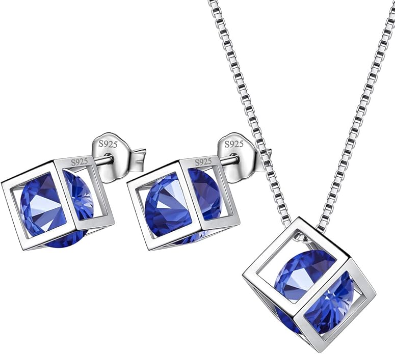 Aurora Tears Birthstone Necklace/Earring 925 Sterling Silver Women Cross/3D Cube/Cresent Moon Birth Stone Jewelry Mens Birthday Gift Anniversary Present