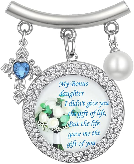 Wedding Bridal Pin, Something Blue Silver Crystal Brooch with Blue Heart Charm, Pearl Accent and Sentimental Message for Mother of Bride Gift