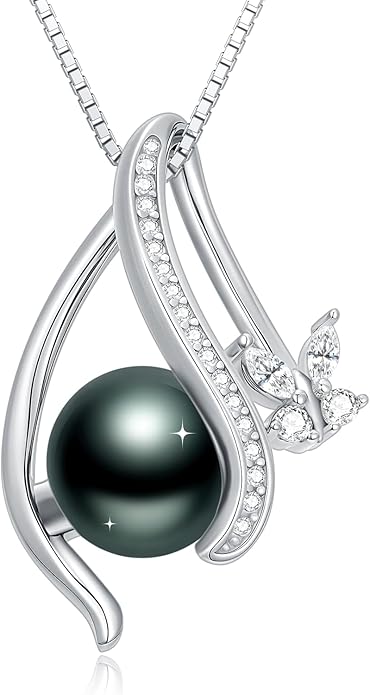 KANNSOAR Tahitian Black Pearl 18K White Gold Plated Sterling Silver Heart/Infinity/Four Leaf Clover Pendant Necklace Jewelry Gifts for Women Wife Mom Girlfriend Wedding Birthday Anniversary Christmas