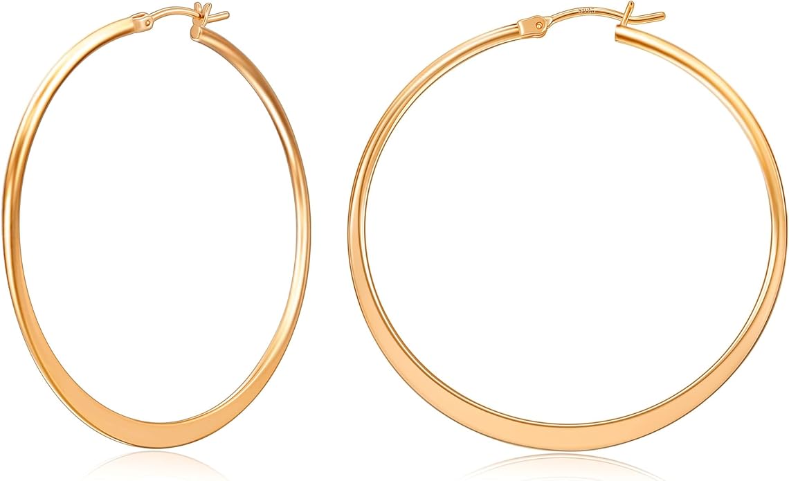 Gacimy Flattened 14K Gold Plated Hoop Earrings for Women, 14K Real Gold Plated Hoops with 925 Sterling Silver Post,Hypoallergenic Lightweight Earring