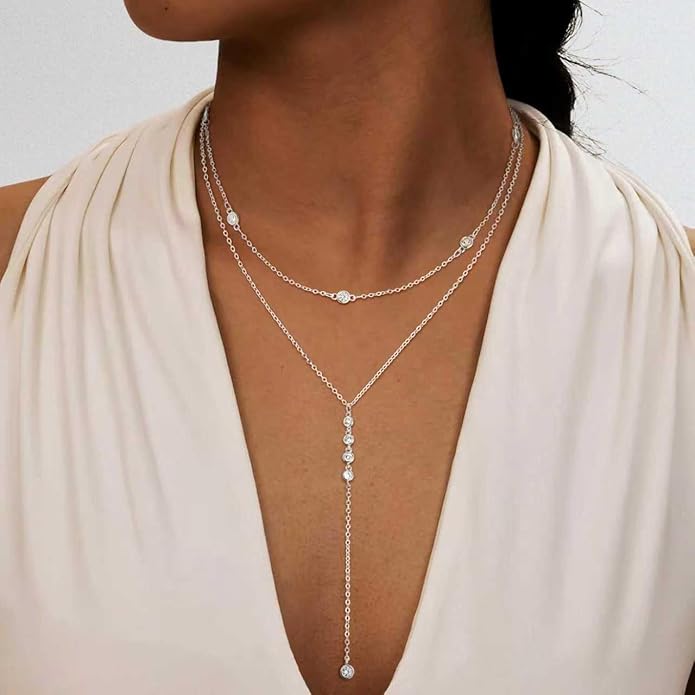 Lariat Necklace for Women, Dainty Long Necklaces, 14k Gold/Silver Plated Y-Shaped Drop Chain Necklace, Simple Layered Necklaces, Trendy Jewelry Gifts for Her