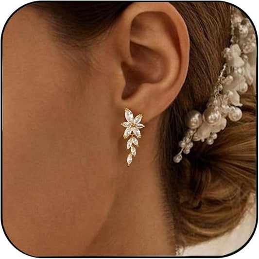 Gold Earrings for Women,Dainty 14k Gold Plated Pearl Drop Earring Dangle Pearl Dangling Earrings for Women Trendy Small Cute Wedding CZ Earring Long Chain Threader Prom Jewelry Gifts