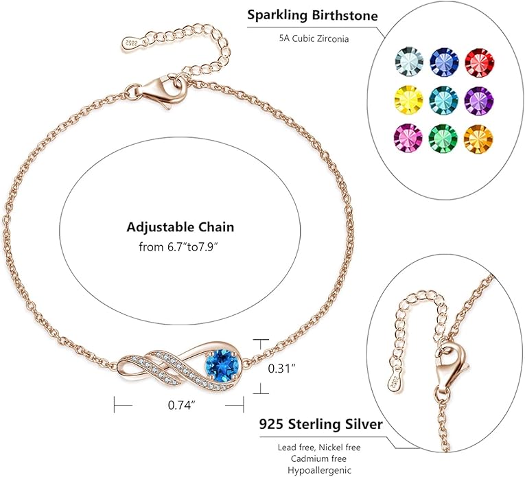 Birthstone Bracelets for Women 925 Sterling Silver Created Gemstone Bracelet Infinity Pendant Jewelry for Her, 6.7"+1.2"
